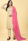 Embroidered Art Silk Pakistani Suit in Beige