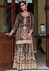 Embroidered Art Silk Shimmer Pakistani Suit in Dark Brown