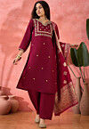 Embroidered Art Silk Pakistani Suit in Fuchsia