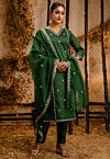 Embroidered Art Silk Pakistani Suit in Green