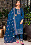 Embroidered Art Silk Pakistani Suit in Indigo Blue