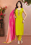 Embroidered Art Silk Pakistani Suit in Light Olive Green