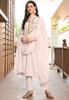 Embroidered Art Silk Pakistani Suit in Off White