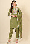 Embroidered Art Silk Pakistani Suit in Olive Green