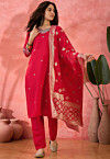 Embroidered Art Silk Pakistani Suit in Red