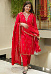 Embroidered Art Silk Pakistani Suit in Red