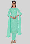 Embroidered Art Silk Pakistani Suit in Sea Green