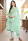 Embroidered Art Silk Pakistani Suit in Sea Green