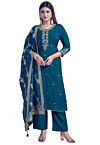 Embroidered Art Silk Pakistani suit in Teal Blue