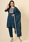 Embroidered Art Silk Pakistani Suit in Teal Blue