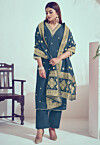 Embroidered Art Silk Pakistani Suit in Teal Blue