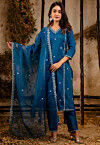 Embroidered Art Silk Pakistani Suit in Teal Blue