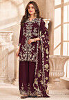 Embroidered Art Silk Pakistani Suit in Wine