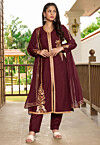 Embroidered Art Silk Pakistani Suit in Wine