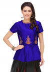 Embroidered Art Silk Peplum Style Top in Royal Blue