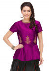 Embroidered Art Silk Peplum Top in Purple