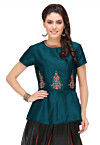 Embroidered Art Silk Peplum Top in Teal Blue