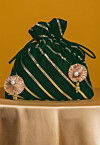Embroidered Art Silk Potli Bag in Dark Green