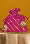 Embroidered Art Silk Potli Bag in Pink