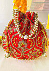 Embroidered Art Silk Potli in Red