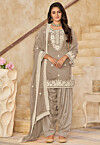 Embroidered Art Silk Punjabi Suit in Fawn