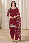 Embroidered Art Silk Punjabi Suit in Maroon