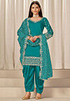 Embroidered Art Silk Punjabi Suit in Teal Blue