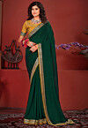 Embellished Art Silk Saree in Dark Green