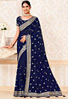 Embroidered Art Silk Saree in Navy Blue