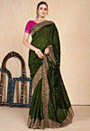 Embroidered Art Silk Saree in Olive Green