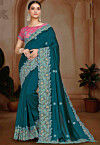 Embroidered Art Silk Saree in Teal Blue