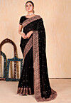 Embroidered Art Silk Scalloped Saree in Black