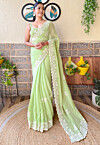 Embroidered Chinon Chiffon Scalloped Saree in Light Green