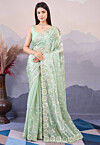 Embroidered Art Silk Scalloped Saree in Light Green