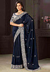 Embroidered Art Silk Scalloped Saree in Navy Blue