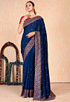 Embroidered Art Silk Scalloped Saree in Navy Blue