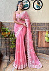 Embroidered Art Silk Scalloped Saree in Pink