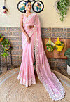 Embroidered Art Silk Scalloped Saree in Pink