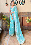Embroidered Chinon Chiffon Scalloped Saree in Sky Blue