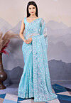 Embroidered Art Silk Scalloped Saree in Sky Blue