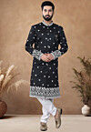 Embroidered Art Silk Sherwani in Black