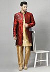 Embroidered Art Silk Sherwani in Maroon and Golden