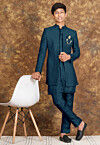 Embroidered Art Silk Sherwani in Teal Blue