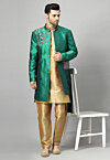 Embroidered Art Silk Sherwani in Teal Green and Golden