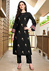 Embroidered Art Silk Straight Kurta in Black