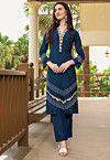 Embroidered Art Silk Straight Kurta in Blue