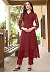 Embroidered Art Silk Straight Kurta in Maroon