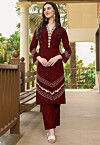 Embroidered Art Silk Straight Kurta in Maroon