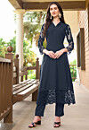 Embroidered Art Silk Straight Kurta in Navy Blue