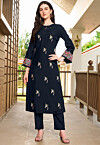 Embroidered Art Silk Straight Kurta in Navy Blue